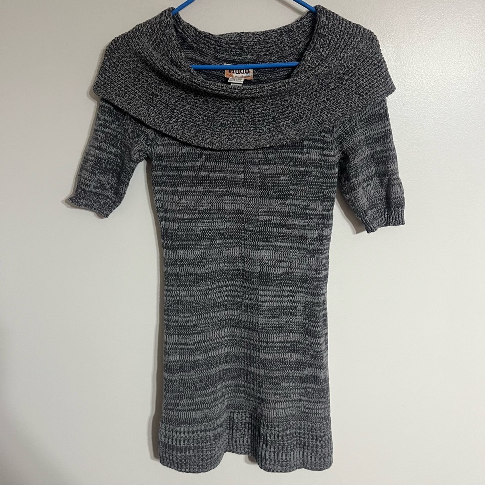 90s Y2K Mudd Short‎ Sleeve Sweater Dress With Cowl Neck Mini Gray Size Small